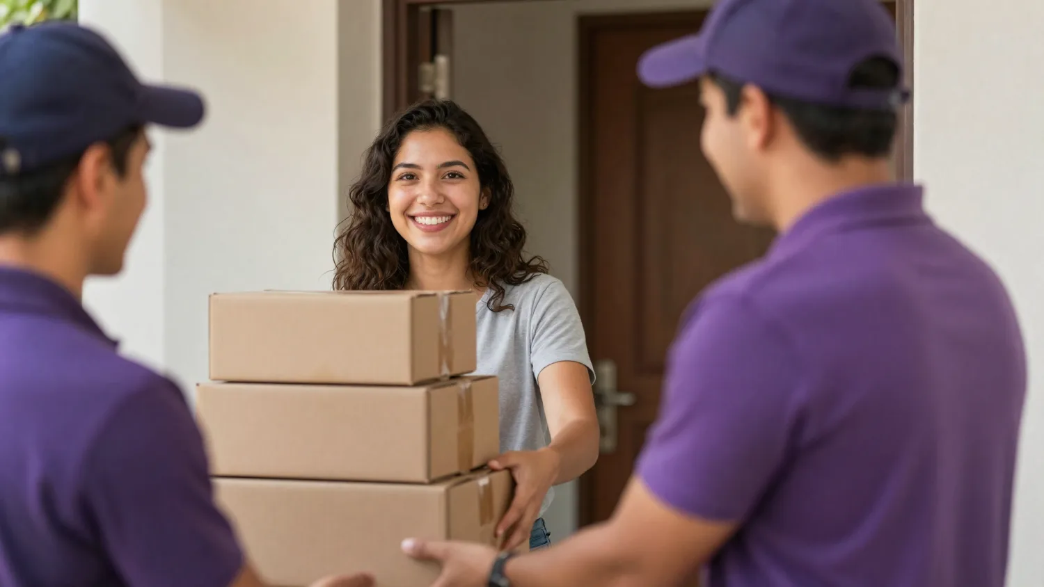 A smiling customer receives a stack of cardboard boxes from two CargoFusion couriers in purple uniforms at her front door.