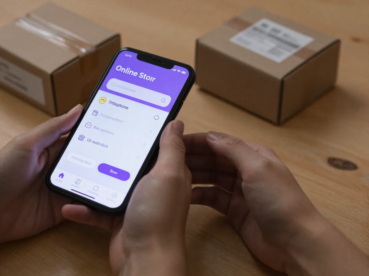 Hands holding a phone on an online store checkout next to a cardboard box and a US shipping label on a wooden table.