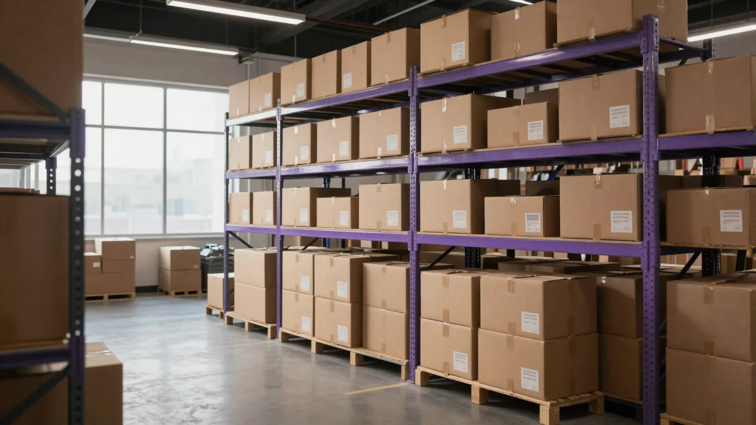 Interior of a clean, modern Miami warehouse with neat stacks of cardboard parcels on purple racking.