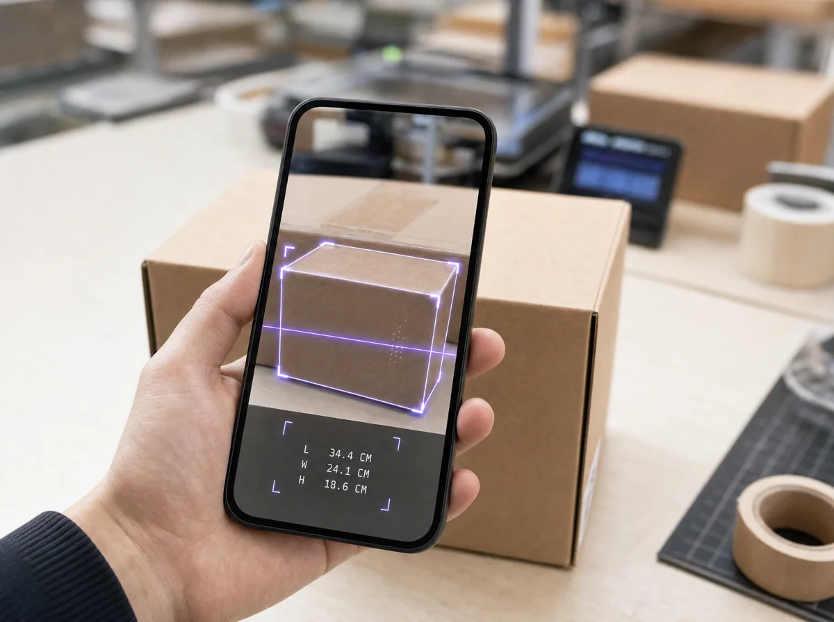 A packer holds a phone over a kraft parcel on a packing bench; CargoFusion shows the live AR measuring frame and the dimension readouts on screen.